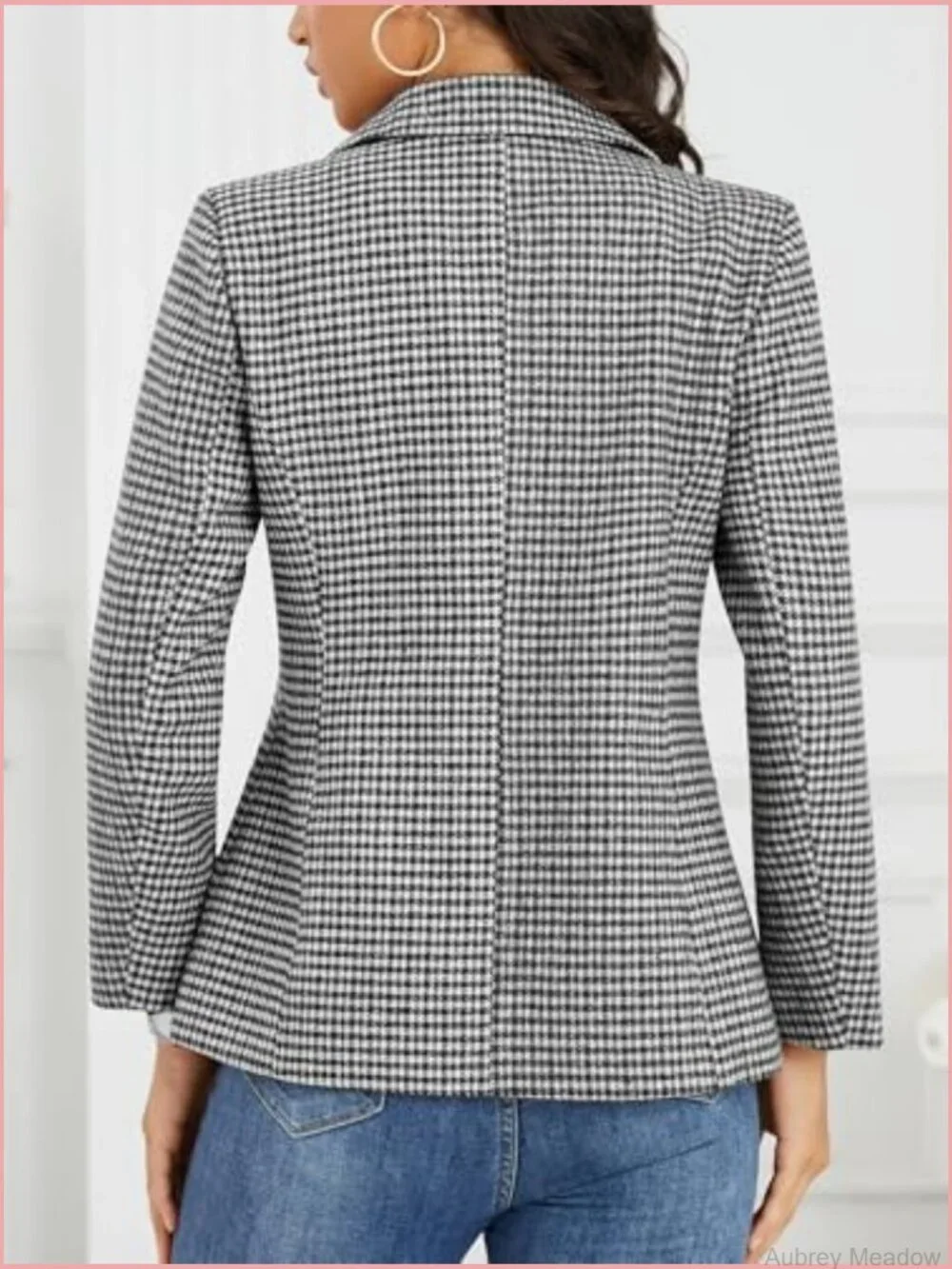 Houndstooth Plaid Blazer with Embroidered Collar - Business Casual Office